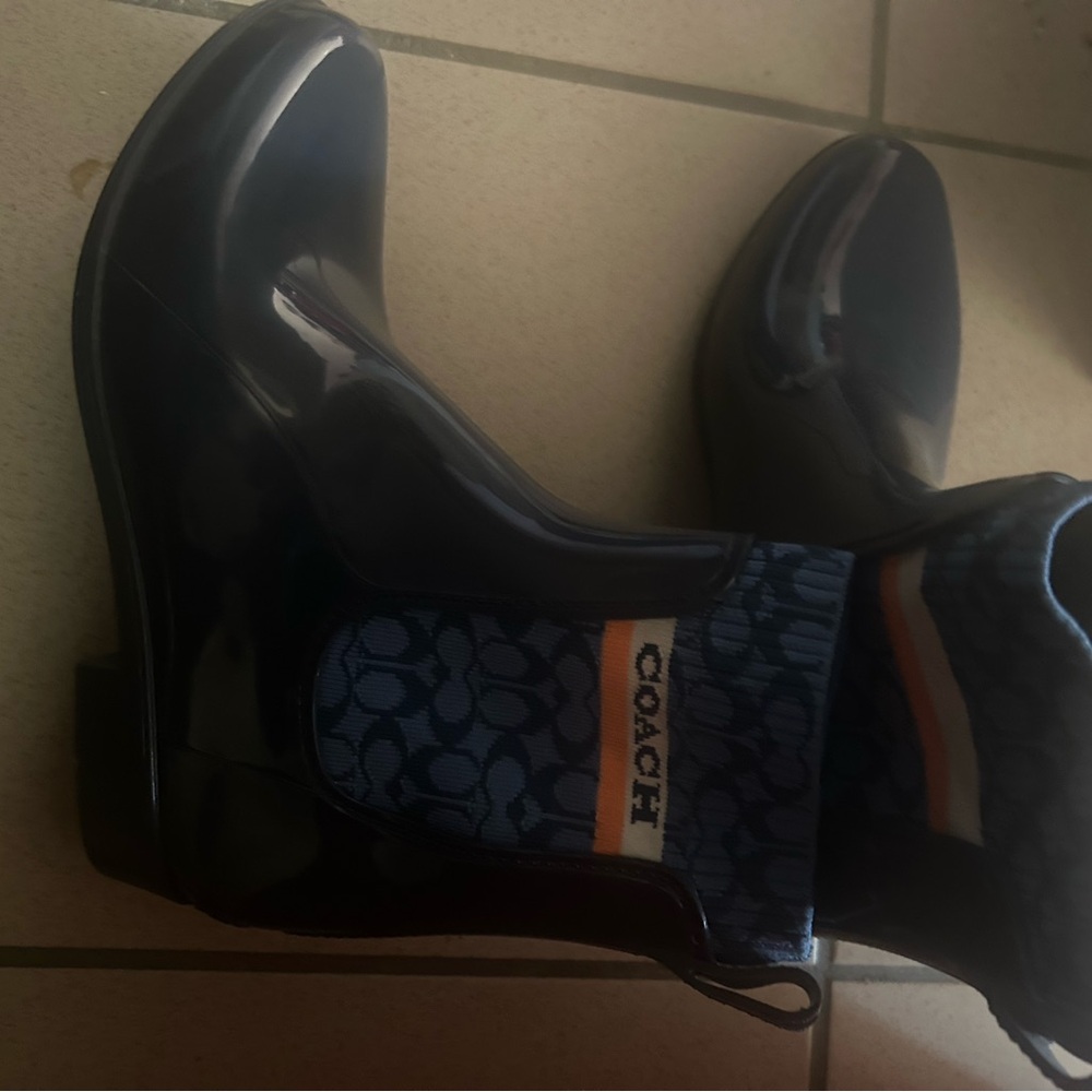 Coach Black Patent Chelsea Rain Boots with Blue Logo Sockliner - Picture 2 of 3